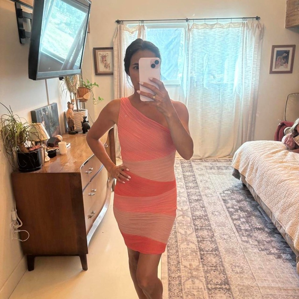 BCBGMAXAZRIA One Shoulder Bandage Mini Dress Coral Pink Mesh Bodycon XS